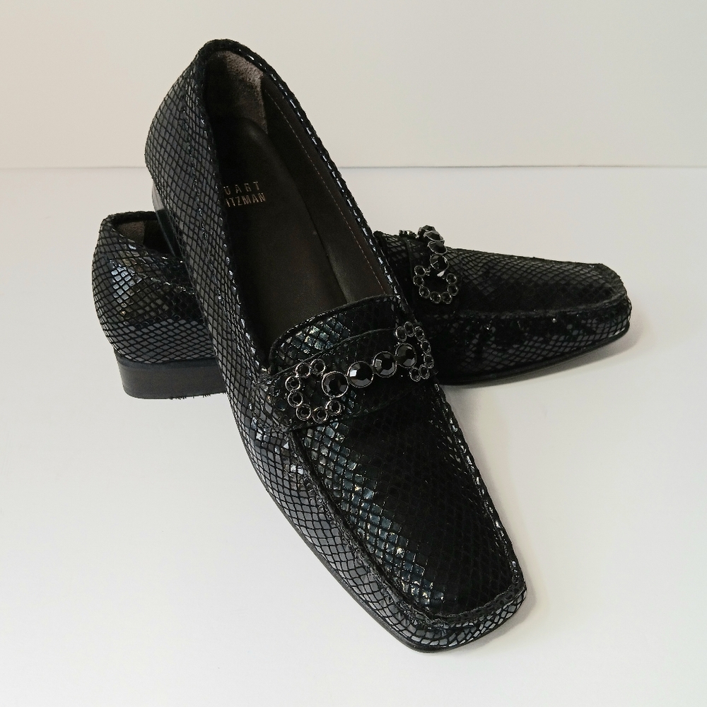 Stuart Weitzman Black Jeweled Snakeskin Leather Loafers Size 8.5 N